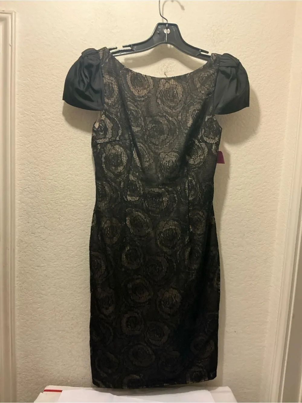Giambattista Valli Black Lace-Overlay Midi Dress with Puff Shoulders